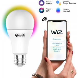 Умная Wi-fi лампочка Gauss, Smart Light RGBW E27 A60 8,5 Вт 2700-6500K, с изменением цвета, управление голосом/смартфоном 1170112