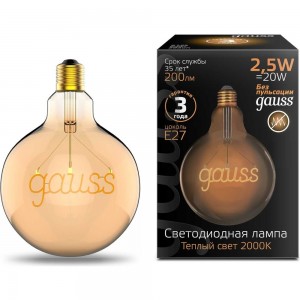 Лампа Gauss LED Filament G125 E27 2,5W Golden 200lm 2000K 1/20 175802003