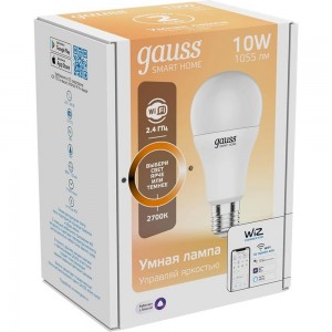 Умная Wi-fi лампочка Gauss, Smart Light DIM E27 А60 10 Вт 2700-6500K, диммируемая, управление голосом/смартфоном 1070112