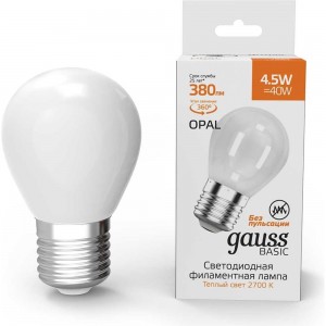 Лампа Gauss Basic Filament, шар, 4,5W, 380lm, 2700К, Е27, milky LED 1055215