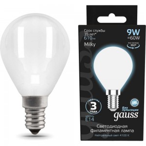 Лампа Gauss Filament, шар, 9W, 610lm, 4100К, Е14, milky, LED, 1/10/50 105201209