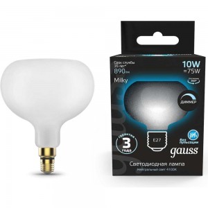 Лампа Gauss Filament А190, 10W, 890lm, 4100К, Е27, milky, диммируемая, LED, 1/6 1017802210-D
