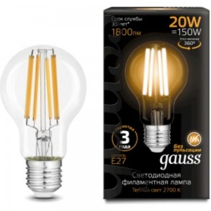 Лампа GAUSS Filament А60 20W 1800lm 2700К Е27 LED 1/10/40 102902120