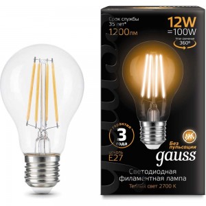 Лампа GAUSS Filament А60 12W 1200lm 2700К Е27 LED 1/10/40 102902112
