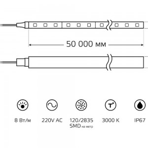 Лента Gauss LED 2835/120-SMD 8W 220V 200lm/m 3000K NEON 8x16мм IP67 50м 311000108