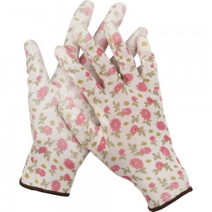 Садовые перчатки Grinda прозрачное PU покрытие, 13 класс вязки, бело-розовые, размер S 11291-S