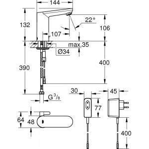 Смеситель GROHE Eurosmart Cosmopolitan E, инфракрасная электроника для раковины со смешиванием 36325001