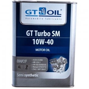 Масло Turbo SM, SAE 10W-40, API SM,SN/CF, 4 л GT OIL 8809059407028