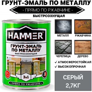 Грунт-эмаль по металлу HAMMER 3в1 б/с серая 2,7 кг ЭК000125866