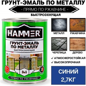 Грунт-эмаль по металлу HAMMER 3в1 б/с синяя 2,7 кг ЭК000125869