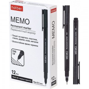 Перманентный маркер Hatber Memo черный, 0.5 мм, 12 шт, в картонной коробке 072609
