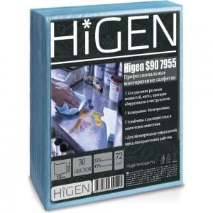 Универсальные безворсовые салфетки Higen S90 в листах, синие, 72 gsm, 35x35 см, 45/55, 30лст/пач 7955