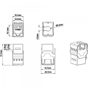 Вставка Hyperline KJ8-8P8C-C5e-180-BK Keystone Jack RJ-45(8P8C), категория 5e, тип 180 градусов, черная 432632