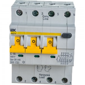 Автоматический дифференциальный выключатель тока IEK 3п+N 2мод. C 16A 30mA тип A 6kA АВДТ-34 ИЭК MAD22-6-016-C-30