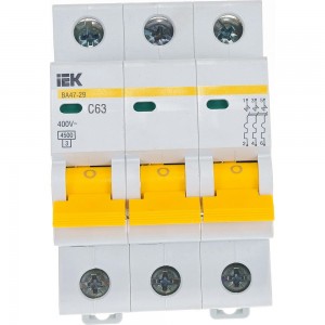 Автоматический 3-полюсный выключатель IEK 3п C 63А ВА 47-29 4.5кА MVA20-3-063-C