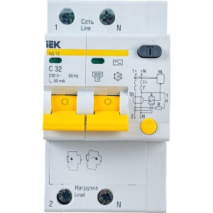 Автоматический выключатель дифференциального тока IEK 2п 3.5мод. C 32A 30mA тип AC 4.5kA АД-12 ИЭК MAD10-2-032-C-030
