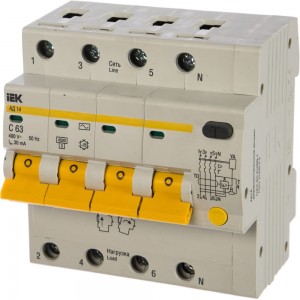 Дифференциальный автоматический 4-полюсный выключатель, 63А, 30мА, С АД-14 IEK MAD10-4-063-C-030
