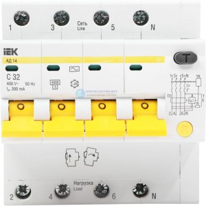 Дифференциальный автоматический 4-полюсный выключатель, 63А, 30мА, С АД-14 IEK MAD10-4-063-C-030