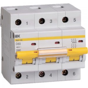 Автоматический модульный выключатель IEK ВА 47-100, 3п, D, 80А, 10кА, ИЭК MVA40-3-080-D