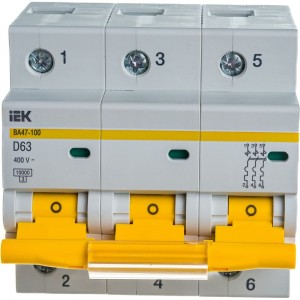 Автоматический модульный выключатель IEK ВА 47-100 3п, D, 63А, 10кА, ИЭК MVA40-3-063-D