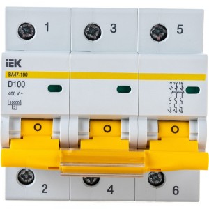 Автоматический модульный выключатель IEK 3п D 100А ВА 47-100 10кА ИЭК MVA40-3-100-D