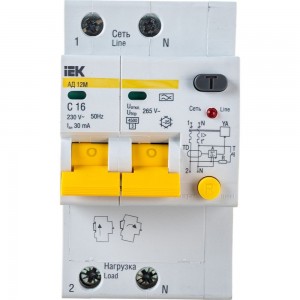 Автоматический дифференциальный выключатель тока IEK 2п 3.5мод. C 16A 30mA тип A 4.5kA АД-12М ИЭК MAD12-2-016-C-030
