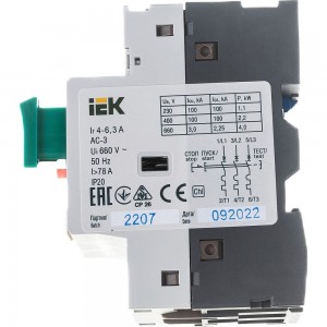 Автоматический выключатель защиты двигателя IEK ПРК 32-6.3, In=6.3A, Ir=4-6.3A, Ue, 660В DMS11-D63