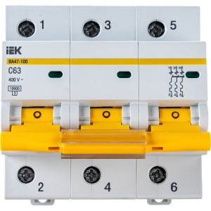 Автоматический трехполюсный выключатель IEK 63А С ВА47-100 10кА 9532848 MVA40-3-063-C