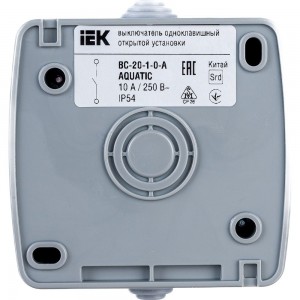 Одноклавишный выключатель IEK ВС-20-1-0-A, открытой установки, 10А, IP54, AQUATIC EVA10-K03-10-54