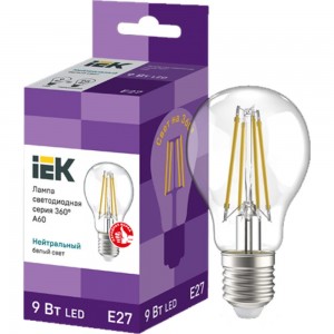 Лампа IEK серия 360, LED, A60, прозрачная, 9вт, 230В, 4000К, E27 LLF-A60-9-230-40-E27 -CL