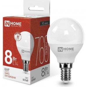Светодиодная лампа IN HOME LED-ШАР-VC 8Вт 230В Е14 4000К 600Лм 4690612020556