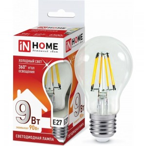 Светодиодная лампа IN HOME LED-A60-deco 9Вт 230В Е27 6500К 810Лм прозрачная 4690612026107