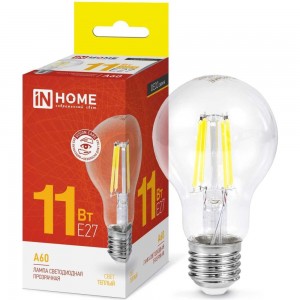 Светодиодная лампа IN HOME LED-A60-deco 11Вт 230В Е27 3000К 990Лм прозрачная 4690612026121