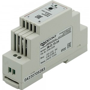 Блок питания INNOCONT -10 +50С, IP20, вход: 220VAC, 0.48А, выход: 15W, 24VDC, 0.63A, типы защиты: КЗ, перегрузка, перенапряжение SB-D-15-24