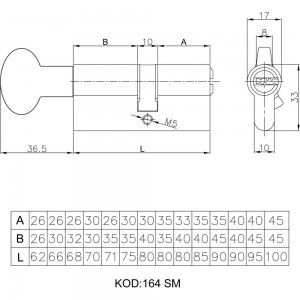 Цилиндровый механизм Kale Kilit 5KEY-STB 164SMC00094 164SMC-90 35 10 45M -M-NI