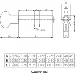 Цилиндровый механизм с вертушкой KALE KILIT 164 BM/70 (30+10+30) мм, латунь, 5 кл. 15736