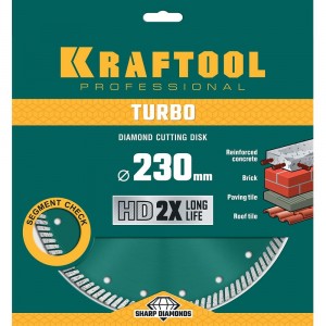 Диск алмазный отрезной турбо по бетону и кирпичу KRAFTOOL Turbo 230х22 мм 36682-230