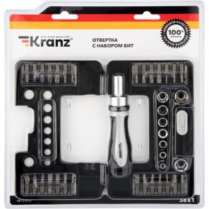 Реверсивная отвертка KRANZ с набором бит и головок, 38 предметов, в кейсе KR-12-4792