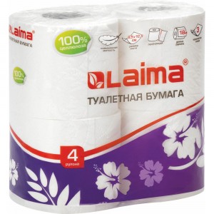 Туалетная бытовая бумага ЛАЙМА спайка 4 шт., 3-х слойная белая, 128724