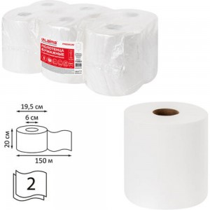 Бумажные полотенца ЛАЙМА M2 PREMIUM с центральной вытяжкой 150 м, 2 слоя, белые, комплект 6 рулонов 112507