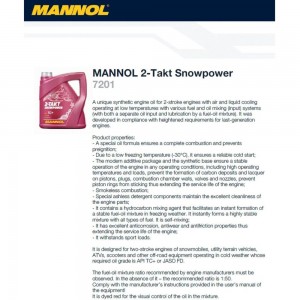 Mасло 2-х тактное Snowpower 4л, синтетика, для снегоходов MANNOL 1431