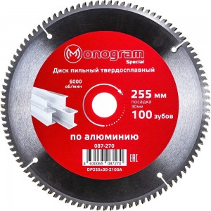 Диск пильный твердосплавный Special (255х30 мм; 100 зубов) MONOGRAM 087-270