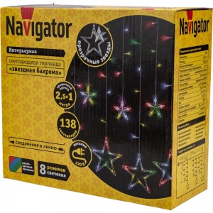 Гирлянда Navigator 93 678 ngf-d025-01 бахрома, звезды, rgby, 138, 2.5x0.6м, ip20, tr 93678