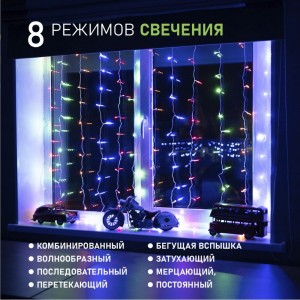 Гирлянда Neon-Night ДОЖДЬ занавес 1.5х1.5м, прозрачный ПВХ, 144 LED МУЛЬТИКОЛОР IP20 235-039