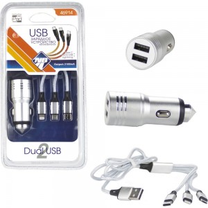 Зарядное устройство Nova Bright 2 USB-порта, 2100мА + кабель для зарядки и синхронизации Lightning, micro-USB, Type-C, 3в1 46914