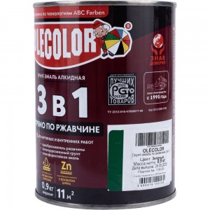 Грунт-эмаль по ржавчине OLECOLOR зеленый, 0.9 кг 4300005933