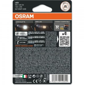 Автолампа OSRAM W16W, W2.1*9.5d, LED, 2 шт., 6000 K, 12 В 921DWP-02B