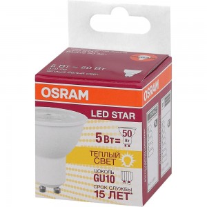Светодиодная лампа OSRAM LED STAR, PAR16, 5Вт, GU10 370 Лм, 3000 К, теплый белый свет 4058075403376
