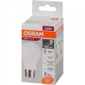 Светодиодная лампа OSRAM LED Value, A, E27, 560Лм, 7Вт, замена 60Вт, 4000К, нейтральный белый свет 4058075578760