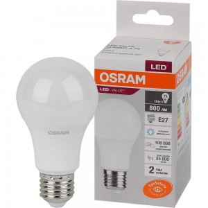Светодиодная лампа OSRAM LED Value, A, E27, 800Лм, 10Вт, замена 75Вт, 6500К, холодный белый свет 4058075578913